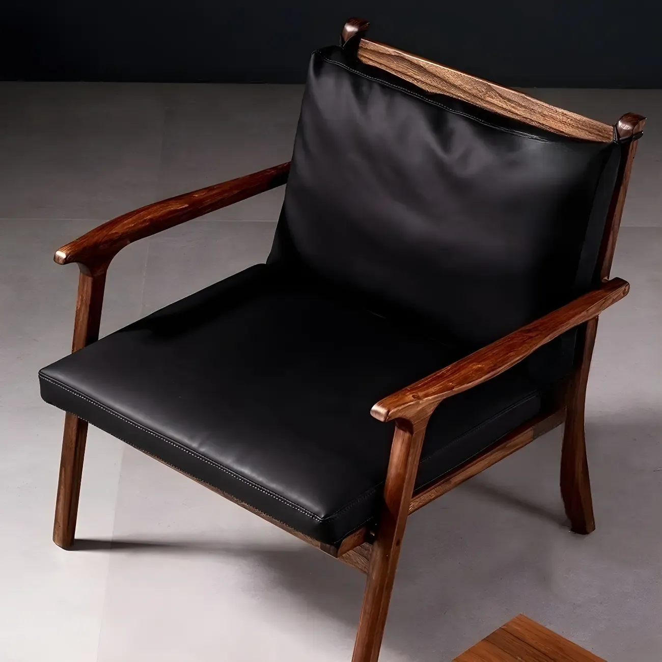 Scandinavian Faux Leather Wood Square Arm Accent Chair Image - 16