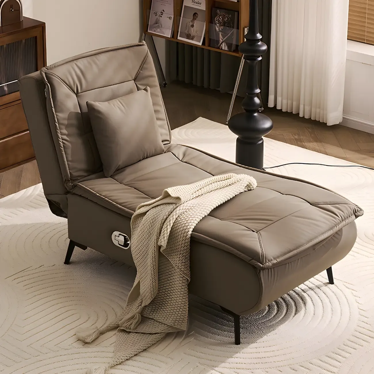Glam Faux Leather Chaise Lounge with Black Metal Legs & Pillow Image - 1