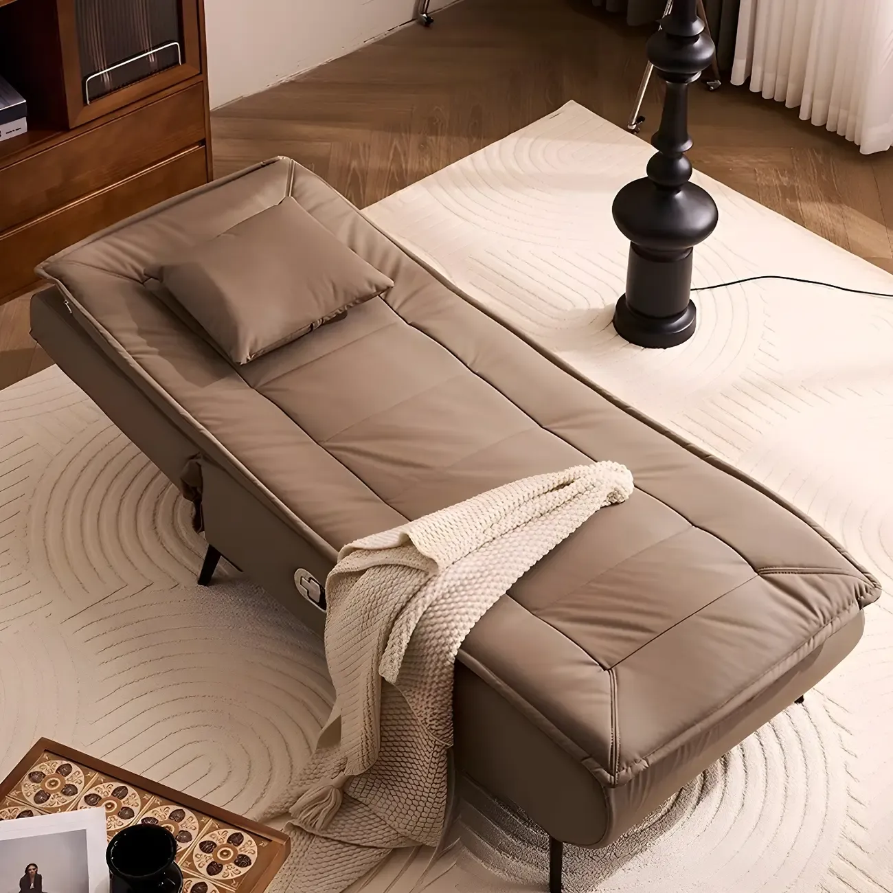Glam Faux Leather Chaise Lounge with Black Metal Legs & Pillow Image - 11