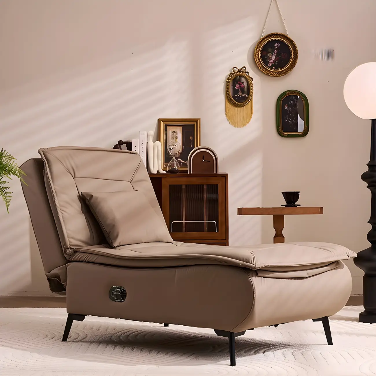 Glam Faux Leather Chaise Lounge with Black Metal Legs & Pillow Image - 2 | homeyfad