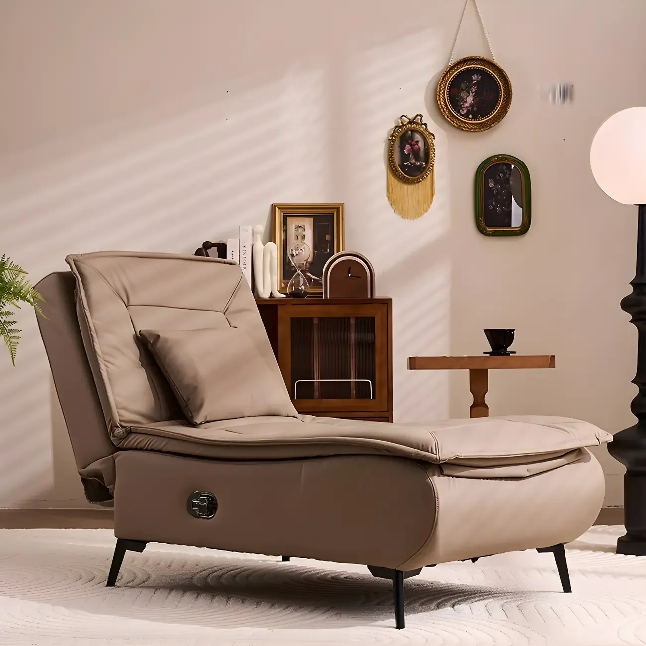 Glam Faux Leather Chaise Lounge with Black Metal Legs & Pillow Image - 2