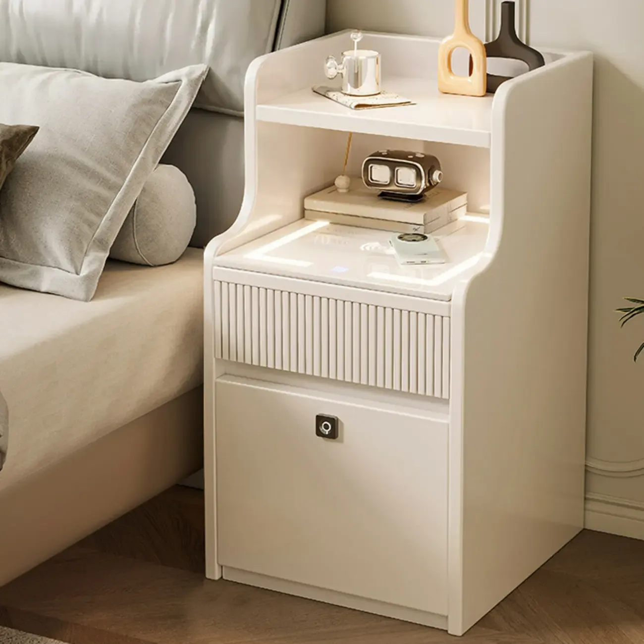Smart Versatile White Wood Nightstand with Fingerprint Lock Image - 1