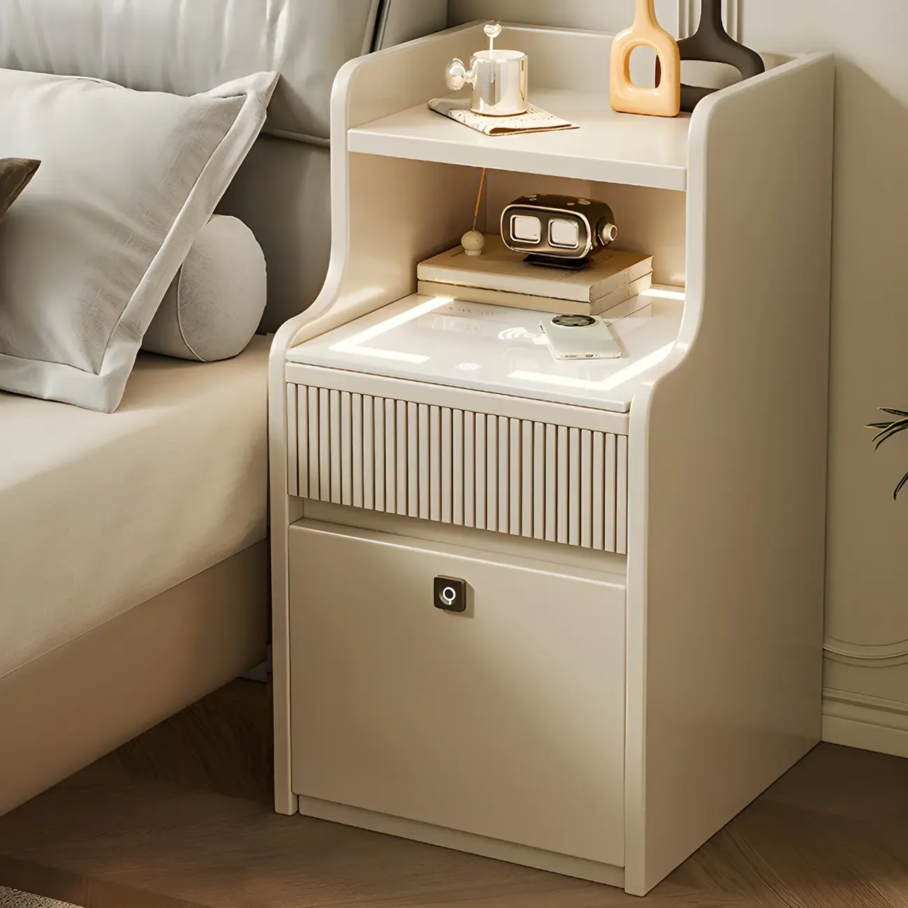 Smart Versatile White Wood Nightstand with Fingerprint Lock Image - 4
