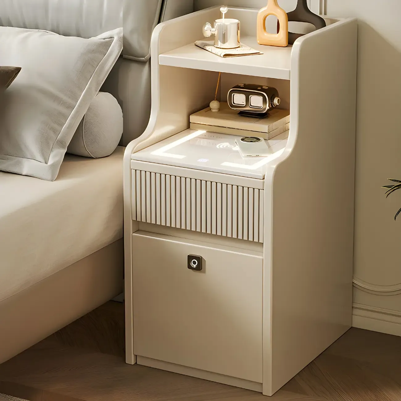 Smart Versatile White Wood Nightstand with Fingerprint Lock Image - 6