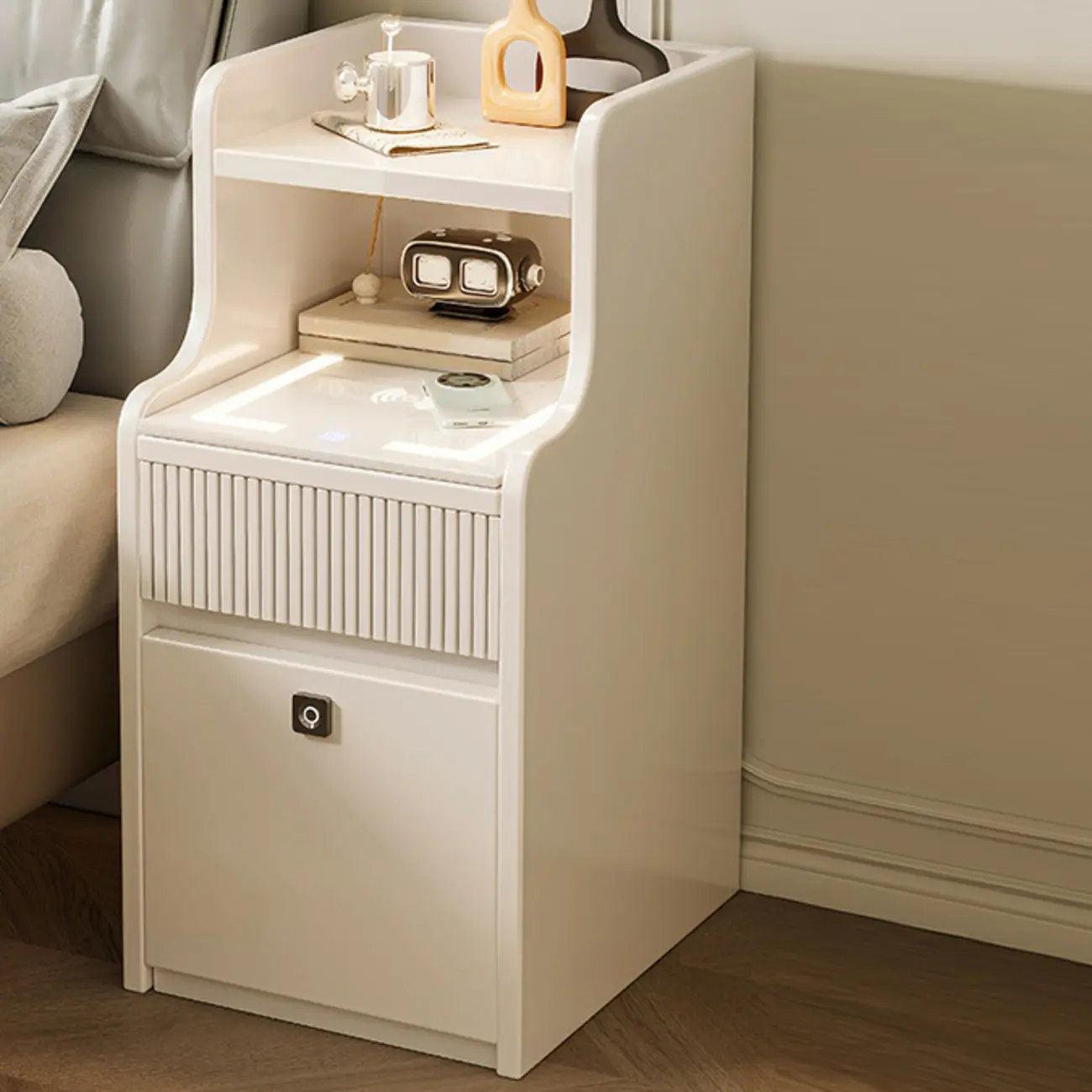 Smart Versatile White Wood Nightstand with Fingerprint Lock Image - 8 | homeyfad