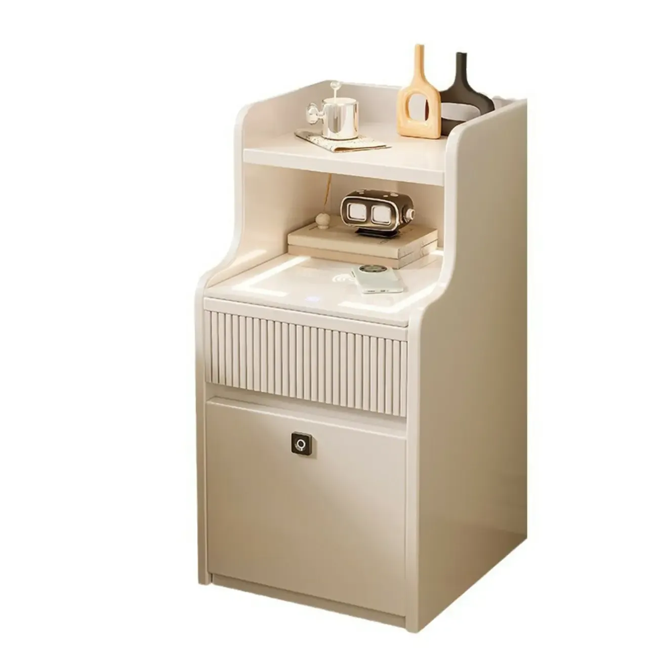 Smart Versatile White Wood Nightstand with Fingerprint Lock Image - 11