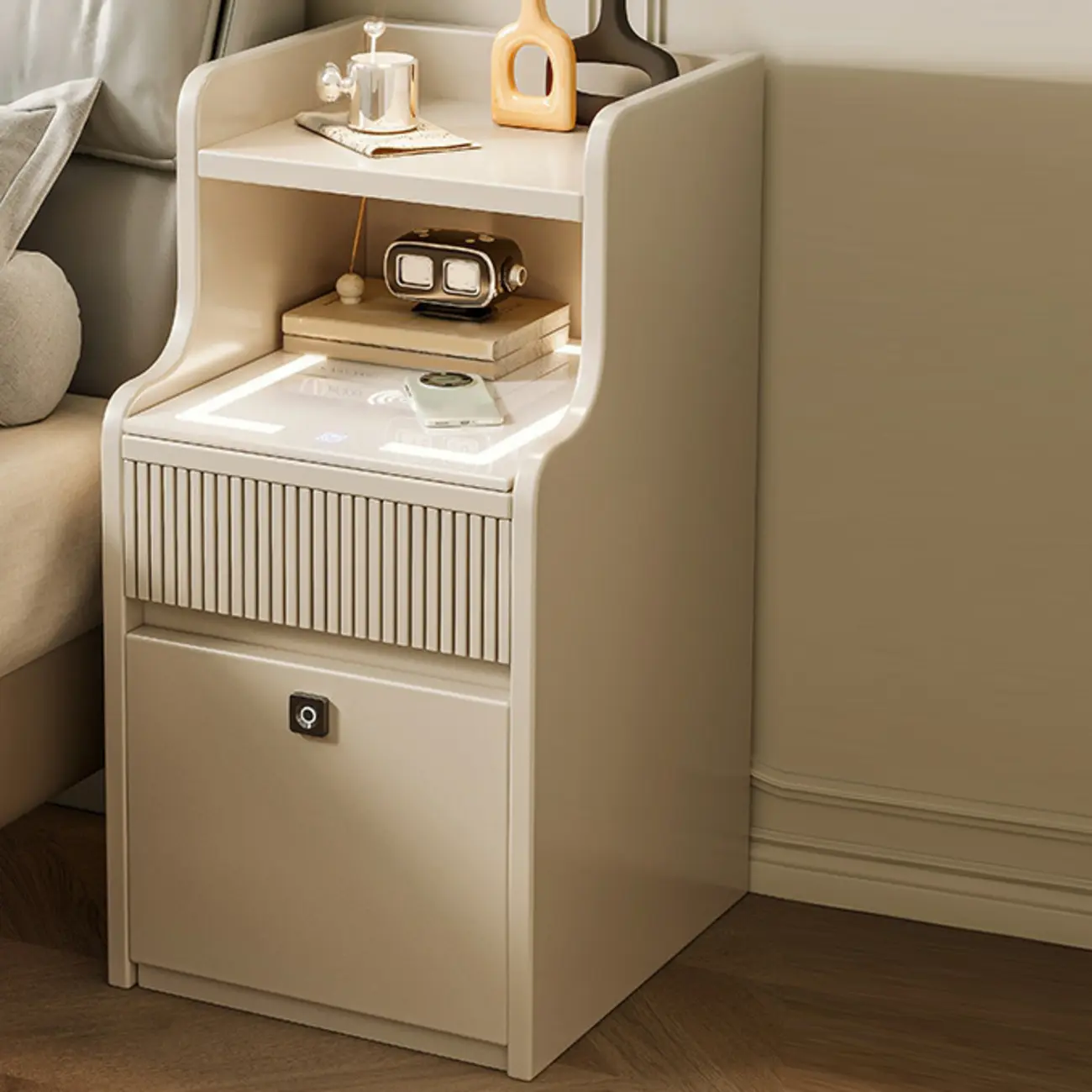 Smart Versatile White Wood Nightstand with Fingerprint Lock Image - 3 | homeyfad