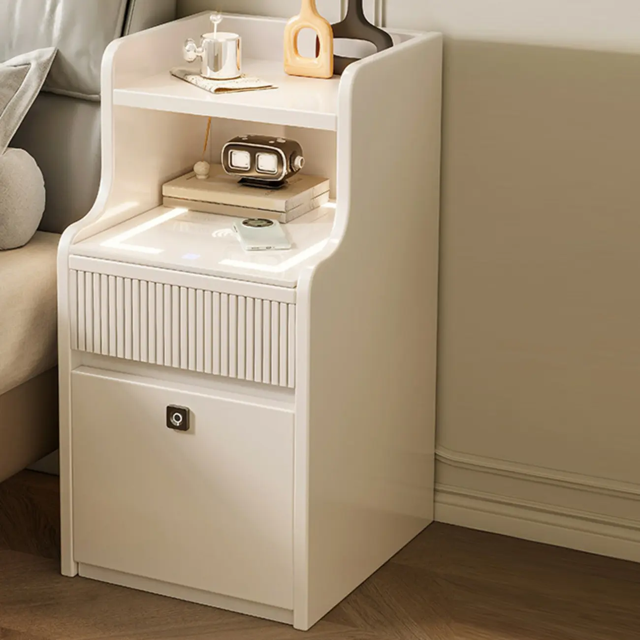 Smart Versatile White Wood Nightstand with Fingerprint Lock Image - 13 | homeyfad