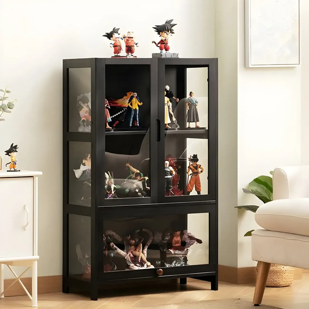 Modern Black Bamboo Adjustable Shelves Glass Display Cabinet  Image - 1