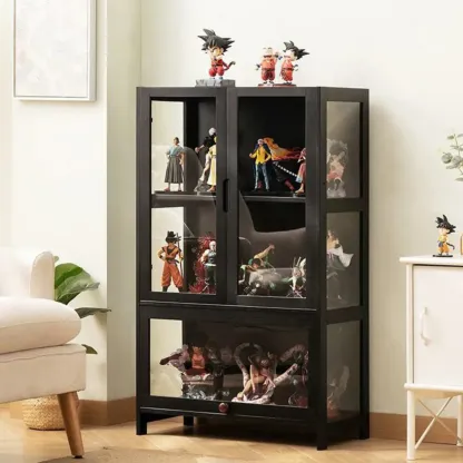 Modern Black Bamboo Adjustable Shelves Glass Display Cabinet  Image - 2