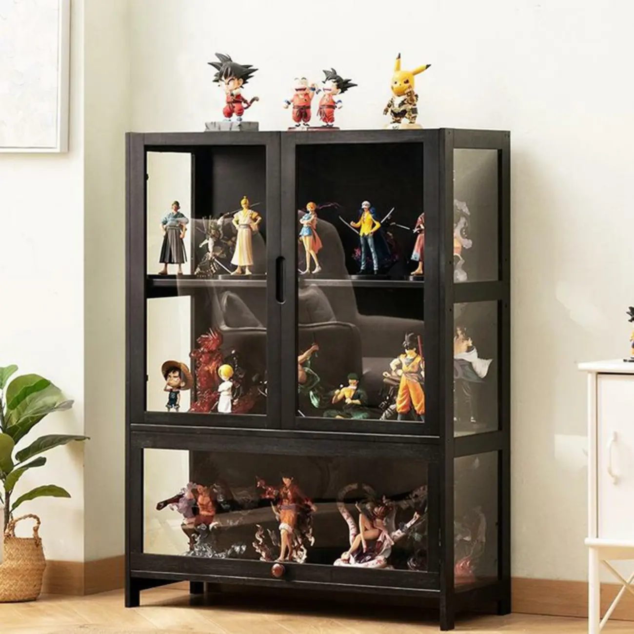 Modern Black Bamboo Adjustable Shelves Glass Display Cabinet  Image - 3 | homeyfad