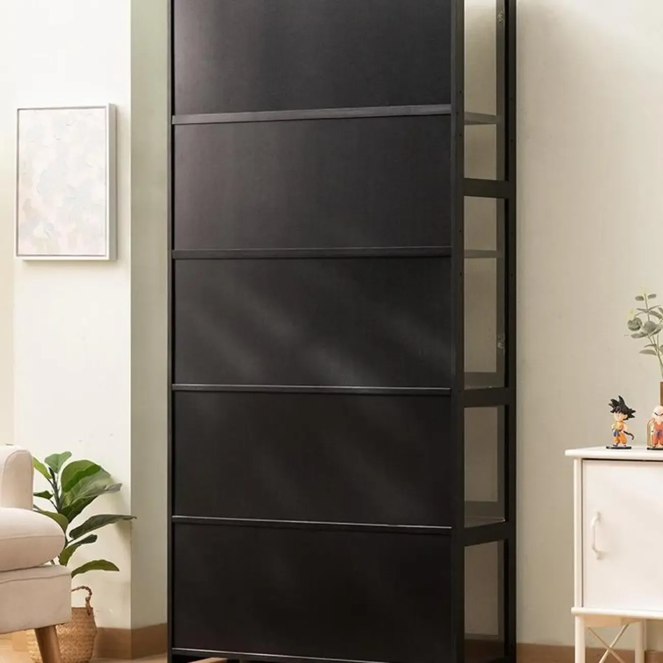 Modern Black Bamboo Adjustable Shelves Glass Display Cabinet  Image - 4