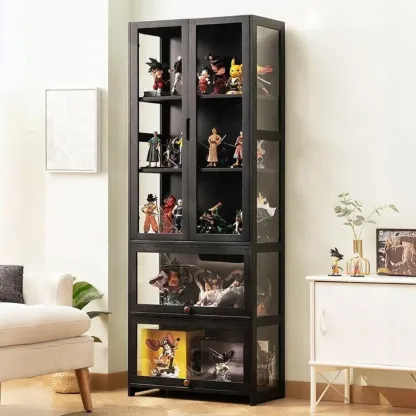 Modern Black Bamboo Adjustable Shelves Glass Display Cabinet  Image - 5