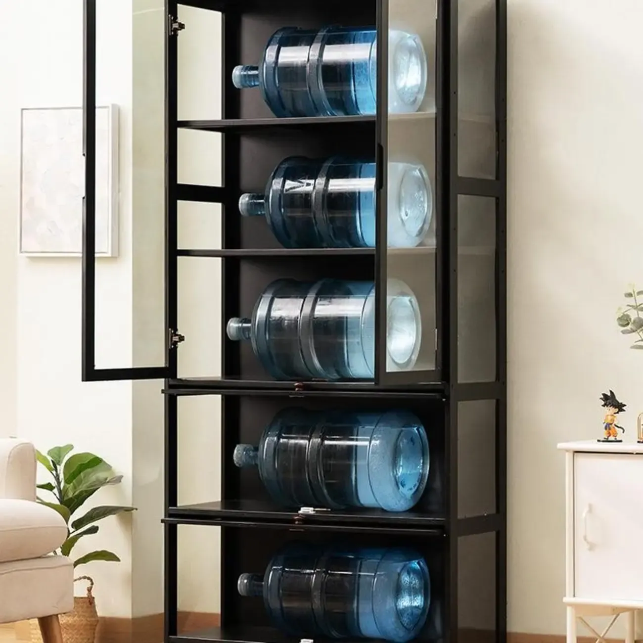 Modern Black Bamboo Adjustable Shelves Glass Display Cabinet  Image - 6