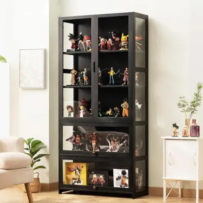 Modern Black Bamboo Adjustable Shelves Glass Display Cabinet  Image - 7