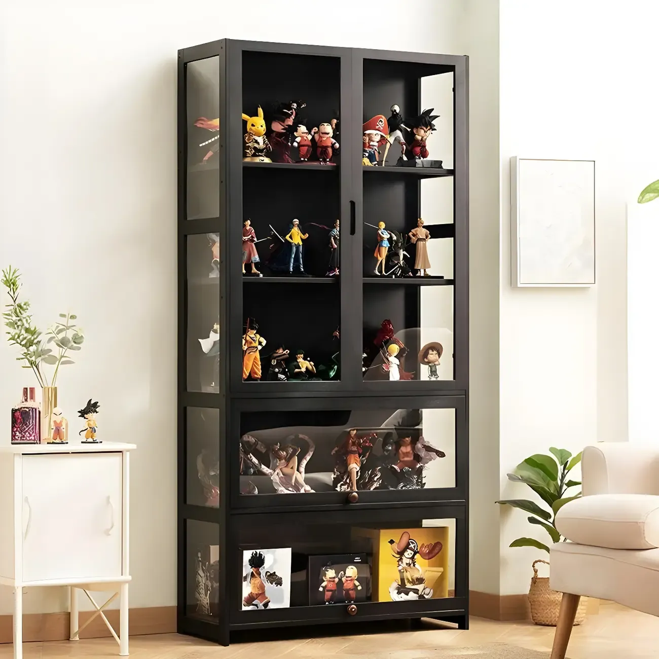 Modern Black Bamboo Adjustable Shelves Glass Display Cabinet  Image - 8