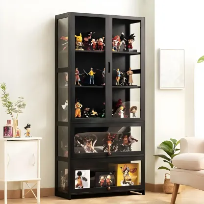 Modern Black Bamboo Adjustable Shelves Glass Display Cabinet  Image - 8