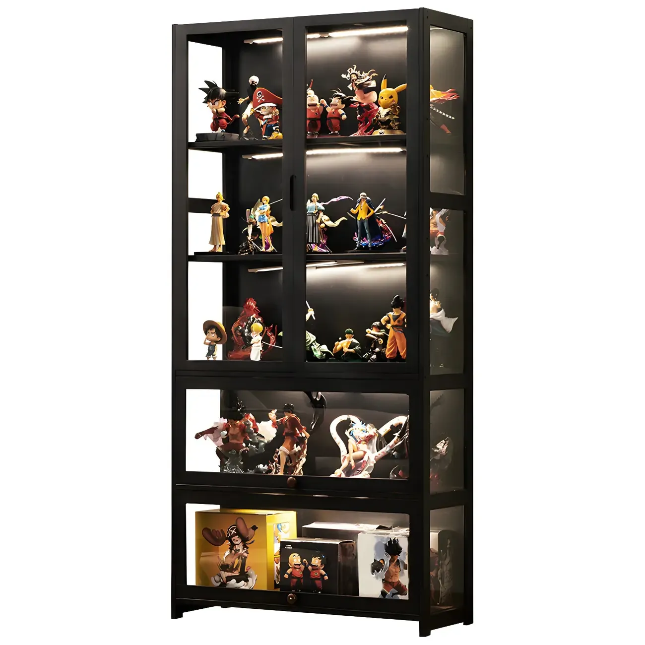 Modern Black Bamboo Adjustable Shelves Glass Display Cabinet  Image - 9