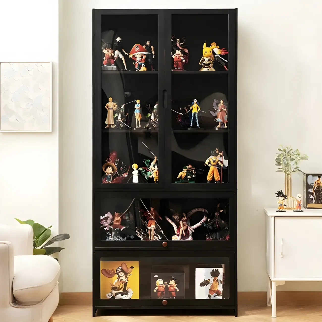 Modern Black Bamboo Adjustable Shelves Glass Display Cabinet  Image - 14