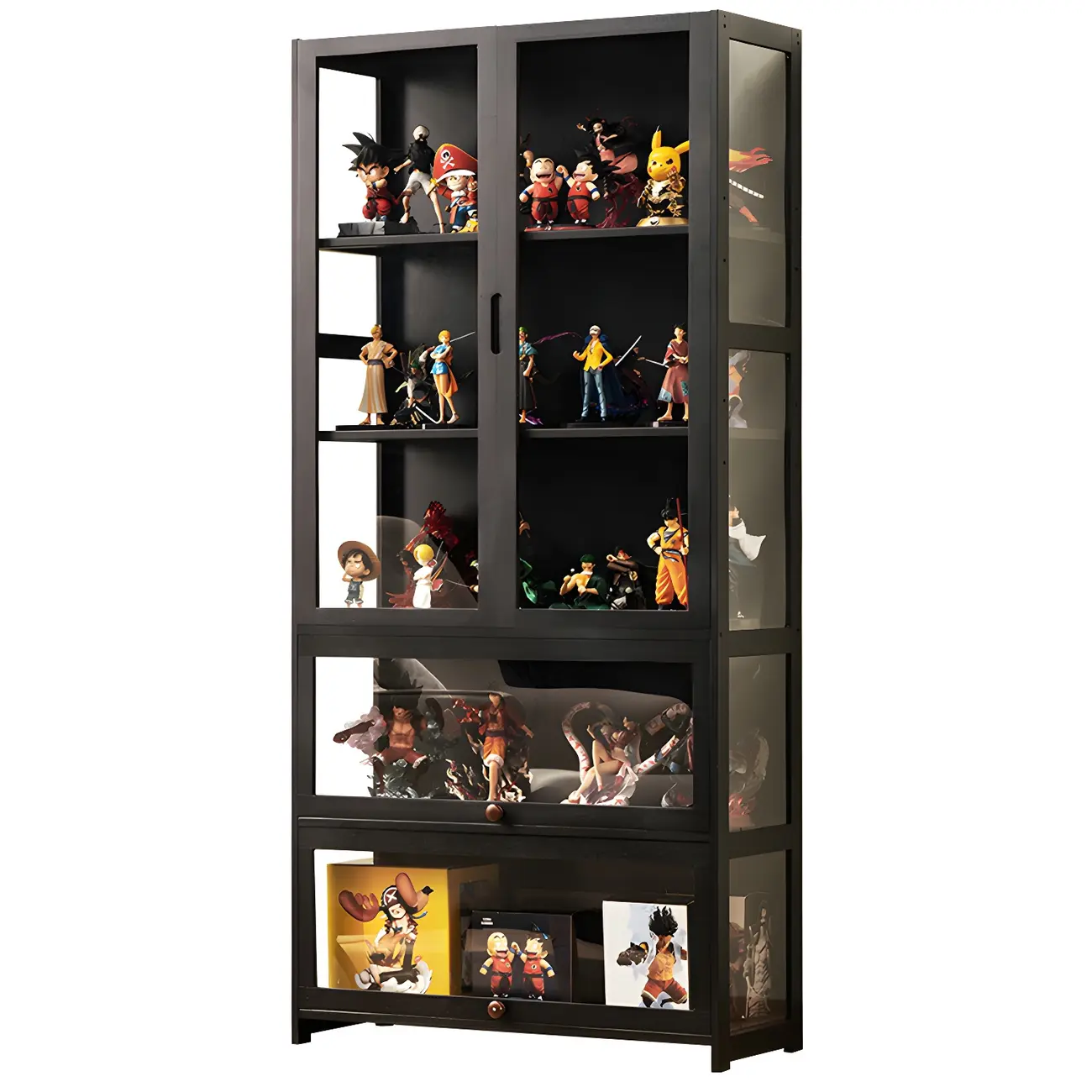 Modern Black Bamboo Adjustable Shelves Glass Display Cabinet  Image - 15 | homeyfad