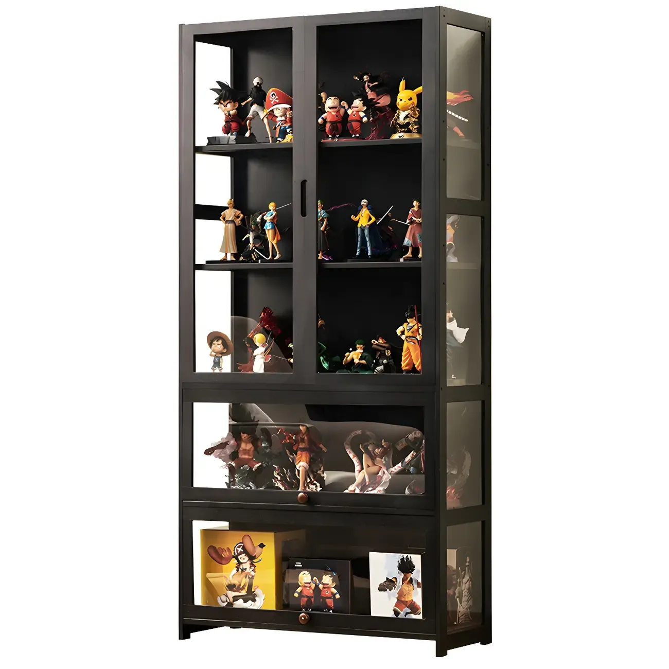 Modern Black Bamboo Adjustable Shelves Glass Display Cabinet  Image - 15