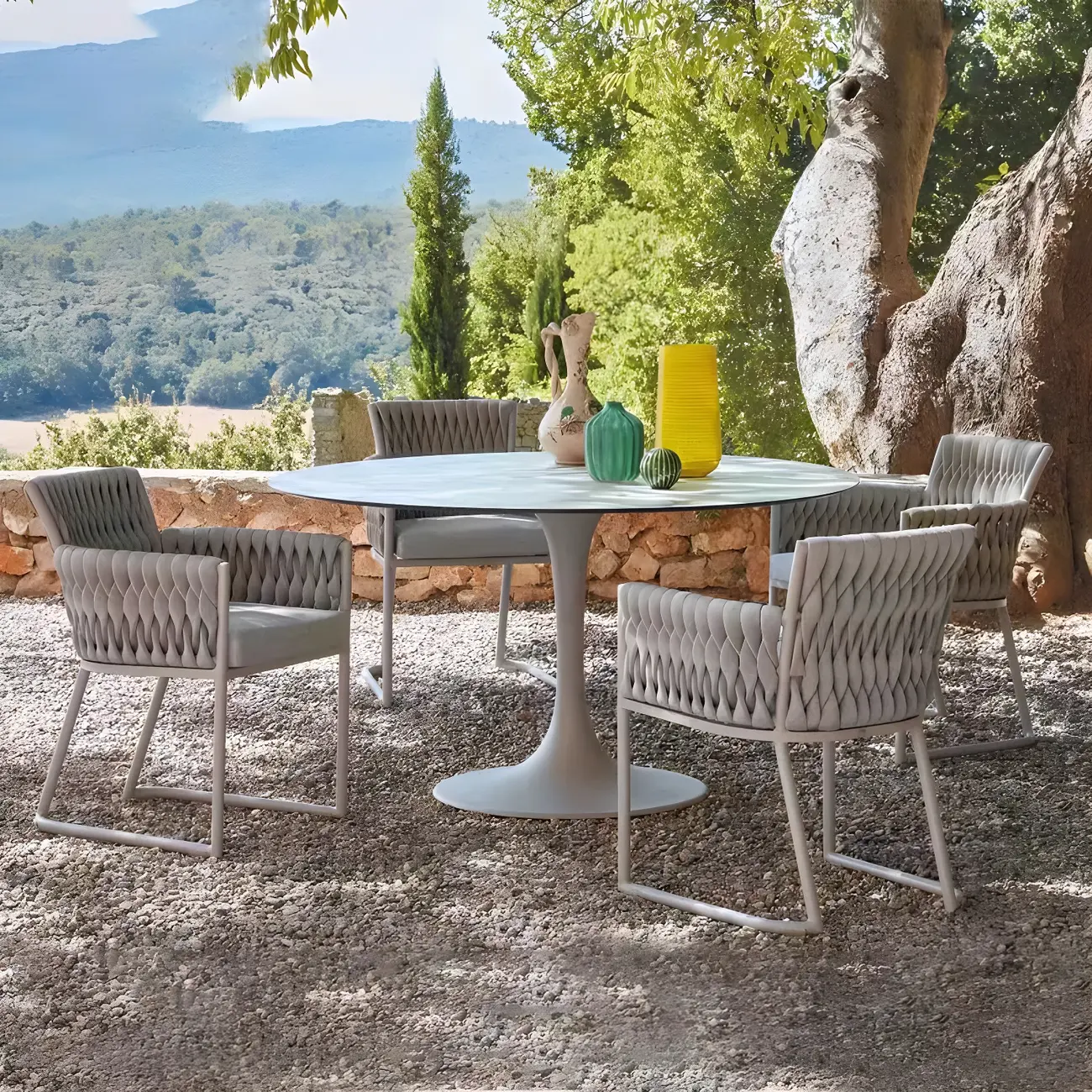 Round Stone Aluminum Pedestal Outdoor Dining Table Image - 1 | homeyfad