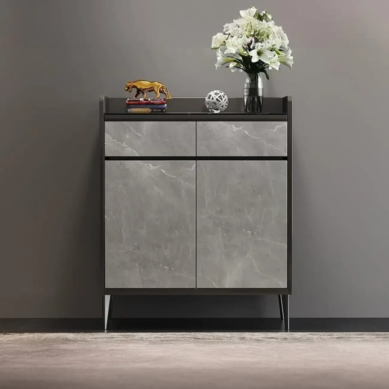 Modern Grey Wooden Shoe Cabinet Display Top Storage Image - 4