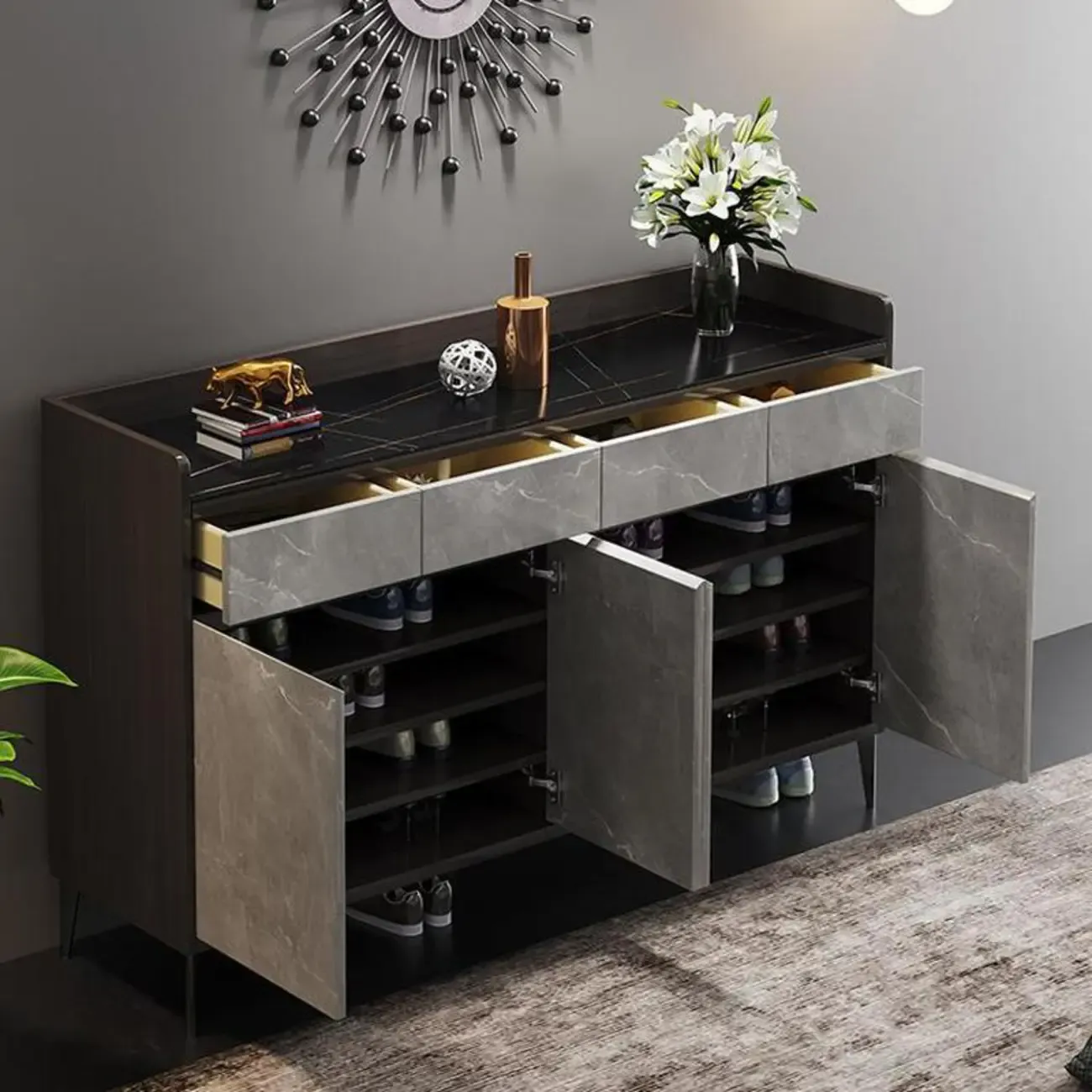 Modern Grey Wooden Shoe Cabinet Display Top Storage Image - 7