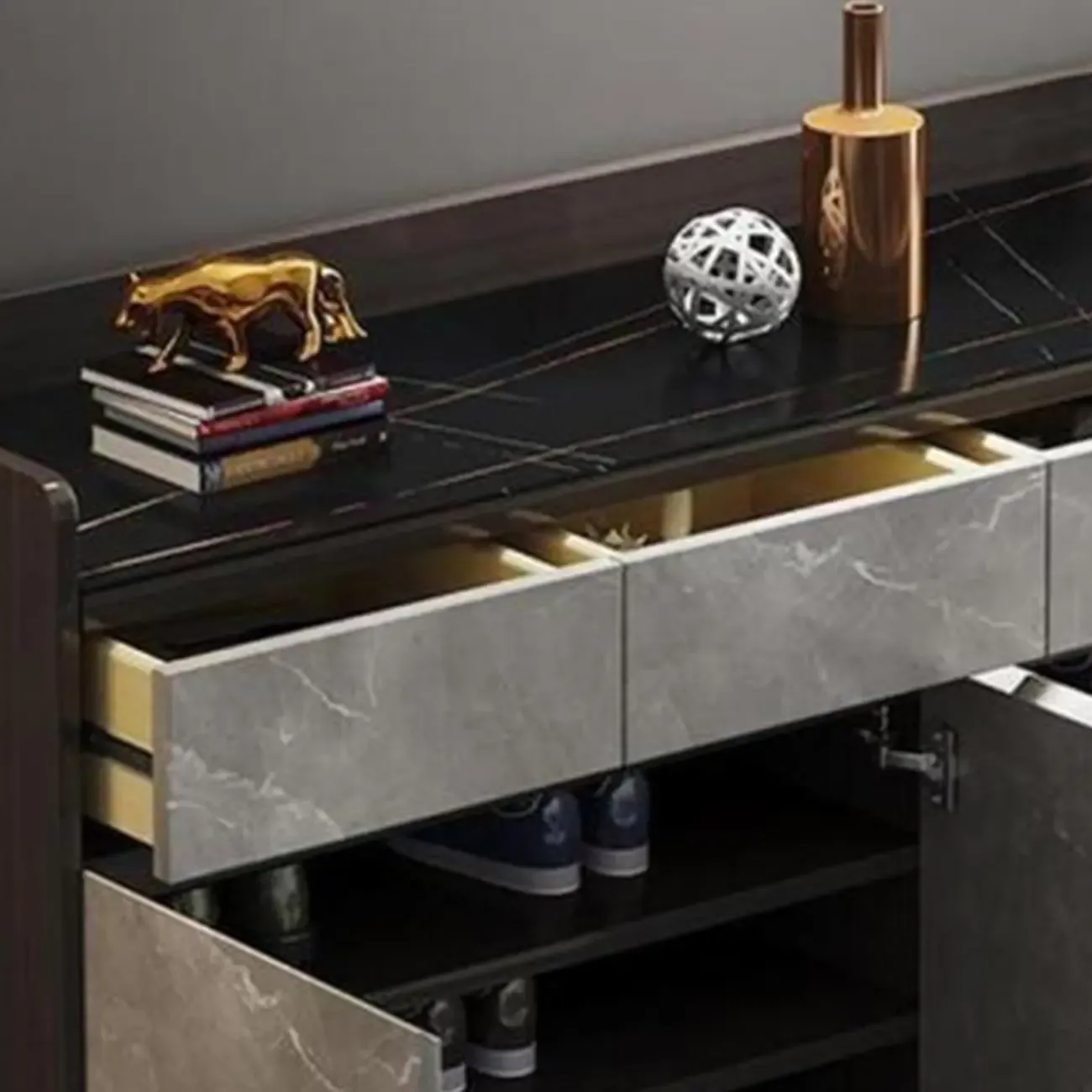 Modern Grey Wooden Shoe Cabinet Display Top Storage Image - 14