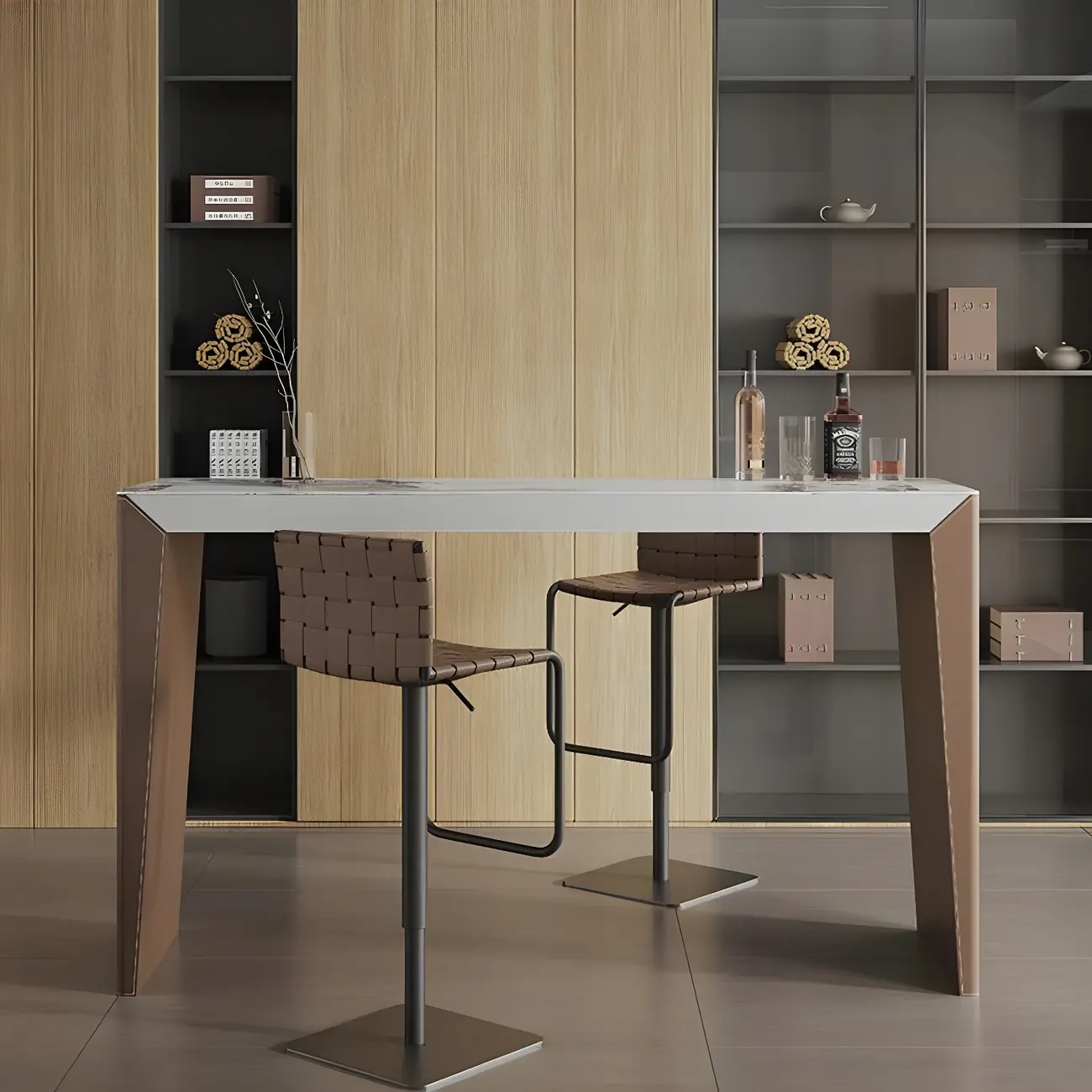 Stylish White Brown Stone Leather-Covered Leg Bar Tables Image - 1 | homeyfad