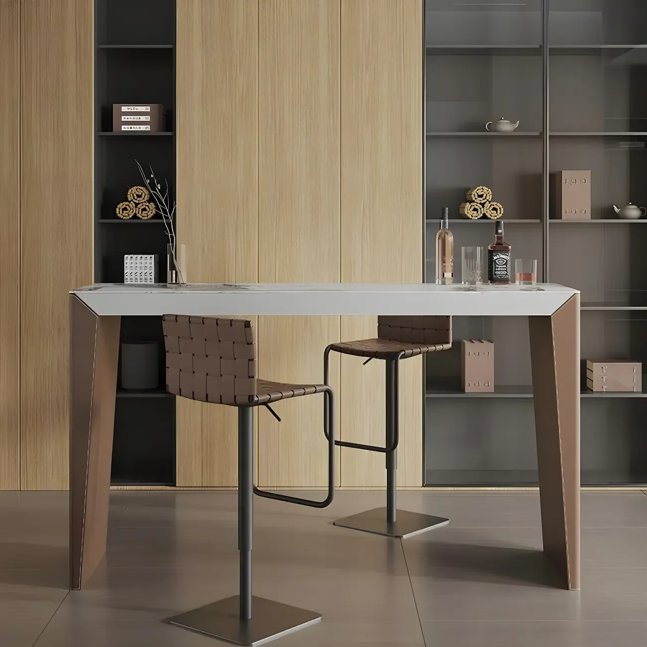 Stylish White Brown Stone Leather-Covered Leg Bar Tables Image - 1