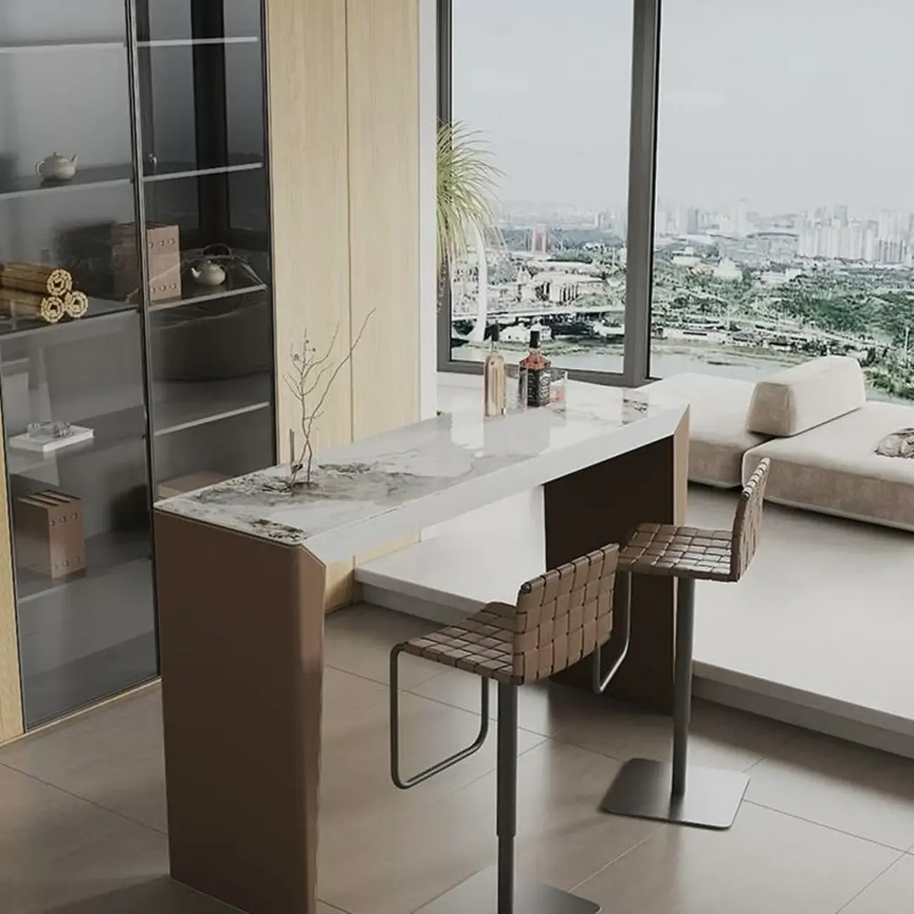 Stylish White Brown Stone Leather-Covered Leg Bar Tables Image - 4