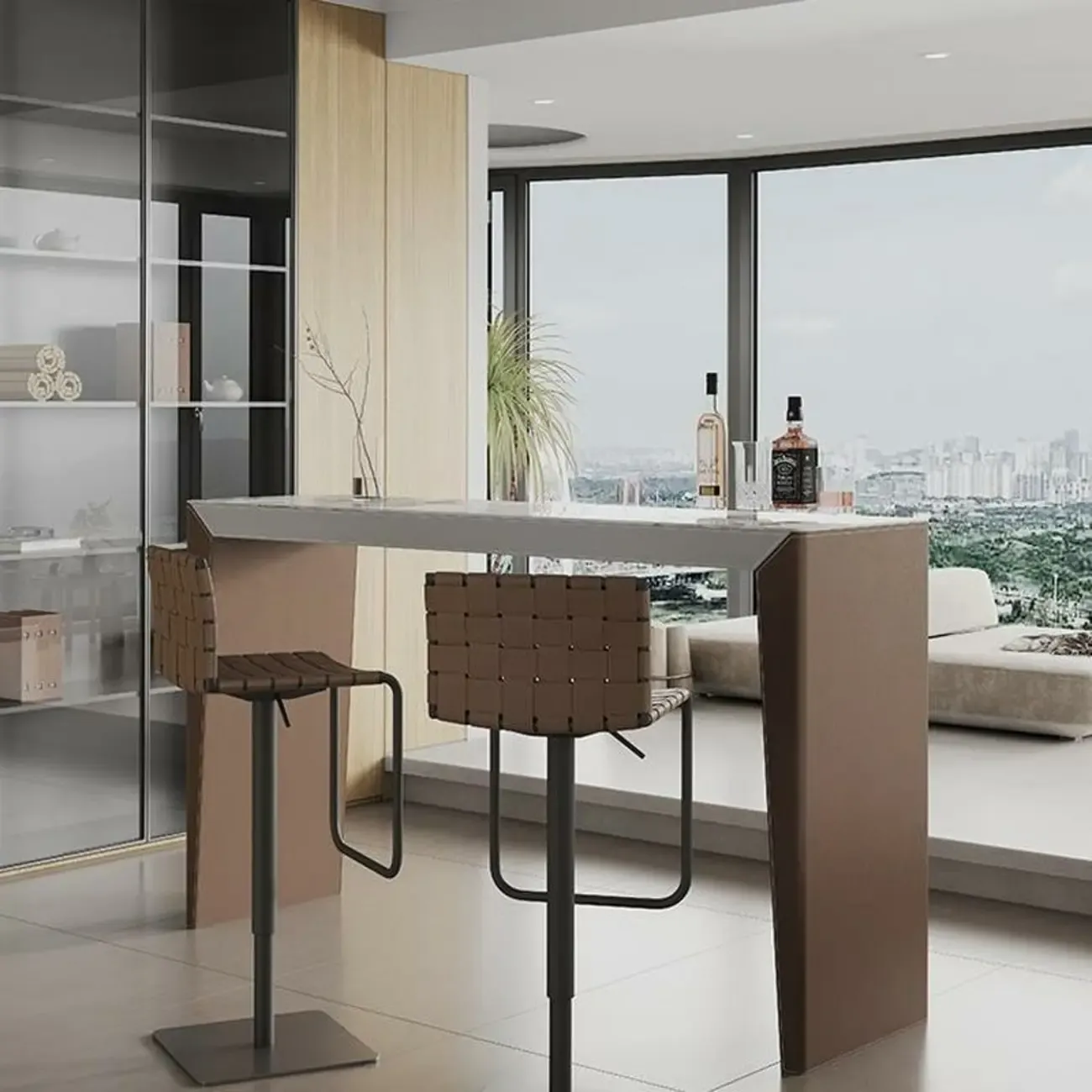 Stylish White Brown Stone Leather-Covered Leg Bar Tables Image - 5