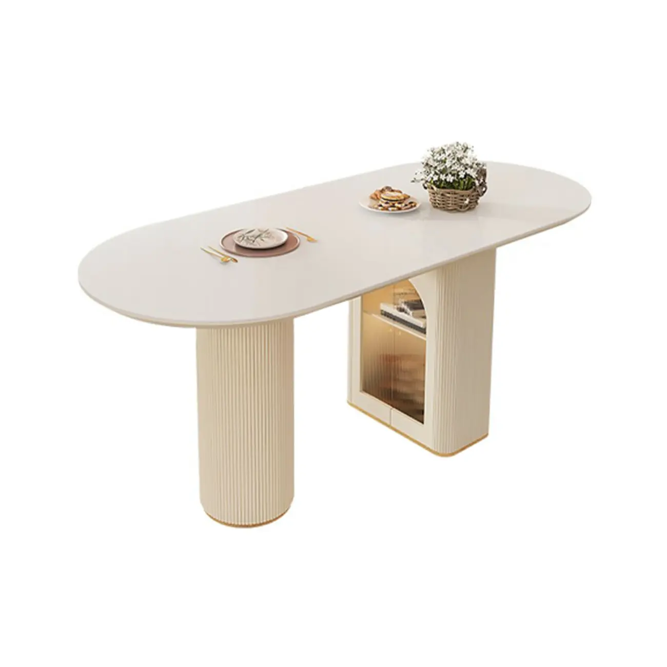 White Stone Wood Oval Extendable Dining Table with Cabinet Image - 2 | homeyfad