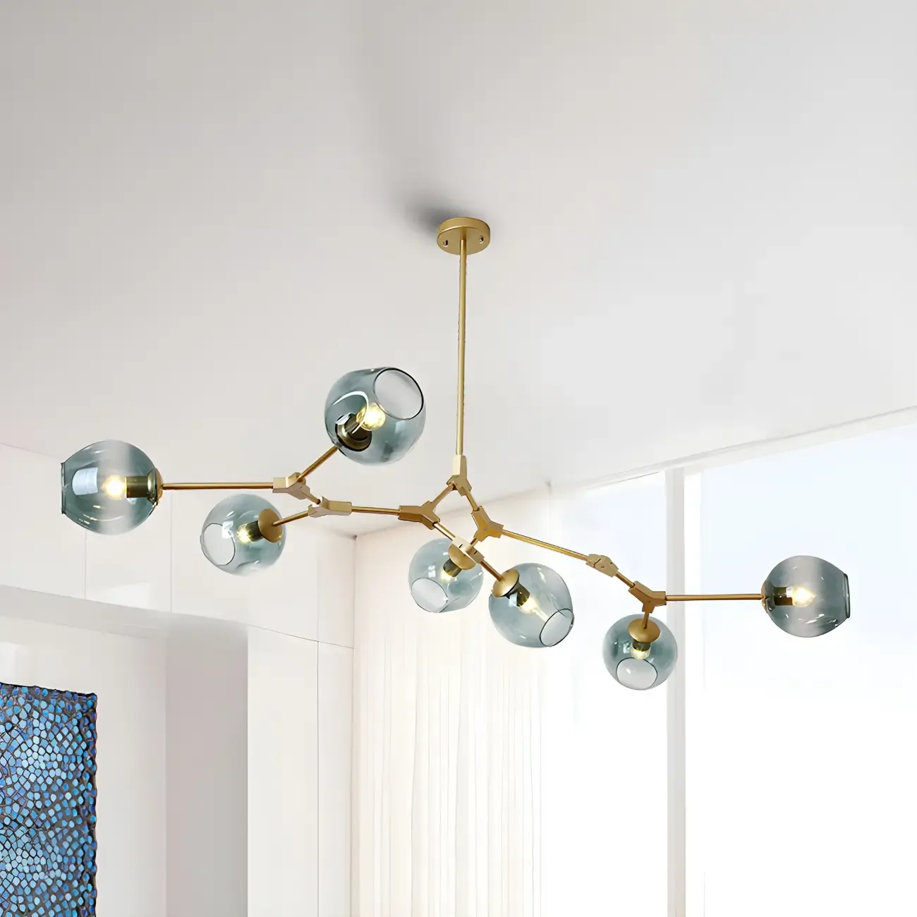 Industrial Sputnik Chandelier with Clear Blue Glass Globes Image - 2