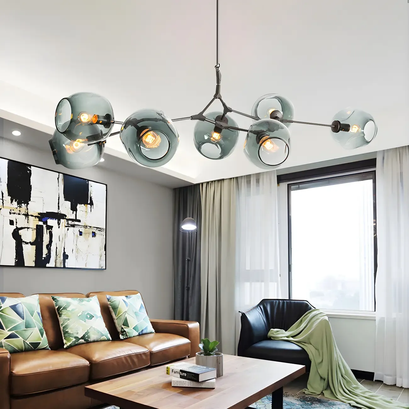 Industrial Sputnik Chandelier with Clear Blue Glass Globes Image - 7