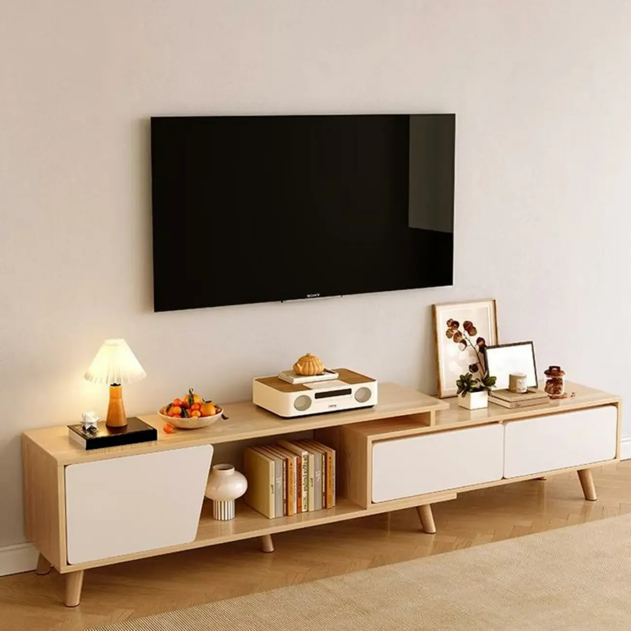 Modern Wood Open Storage TV Stand with Legs Image - 1