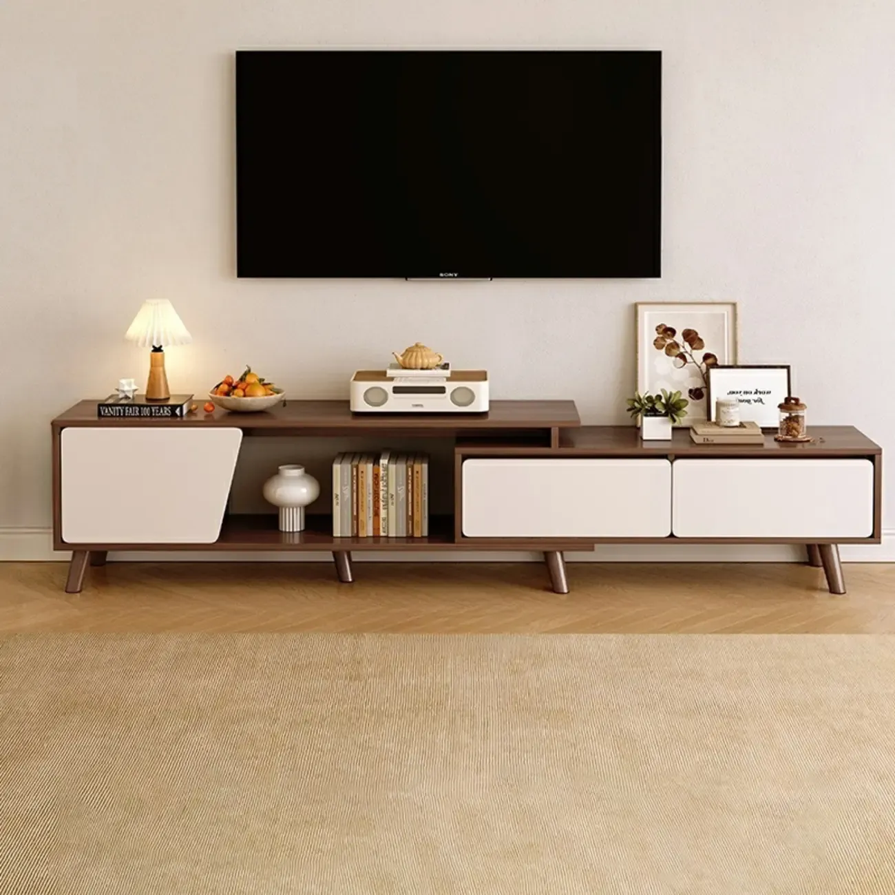 Modern Wood Open Storage TV Stand with Legs Image - 2