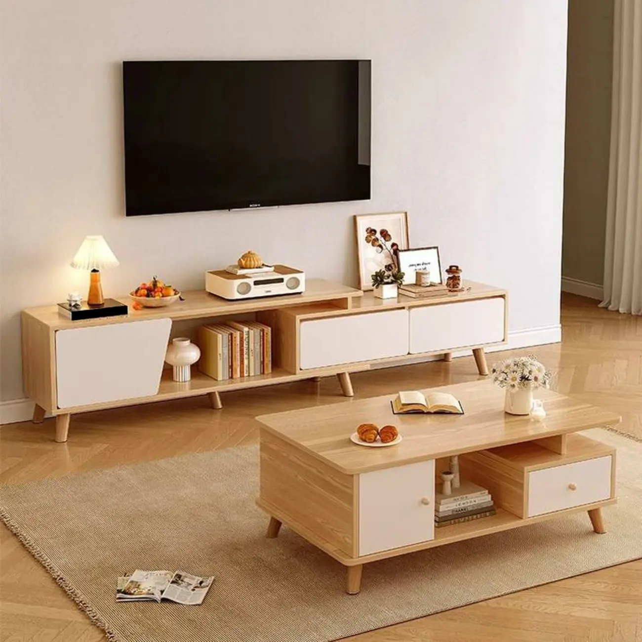 Modern Wood Open Storage TV Stand with Legs Image - 4 | homeyfad