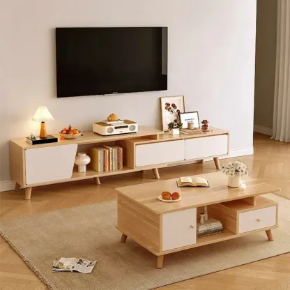 Modern Wood Open Storage TV Stand with Legs Image - 4