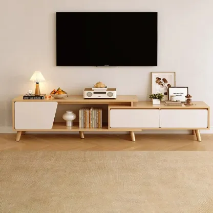 Modern Wood Open Storage TV Stand with Legs Image - 5