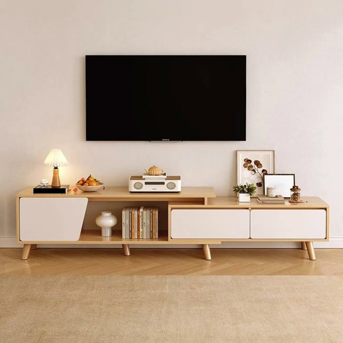 Modern Wood Open Storage TV Stand with Legs Image - 6 | homeyfad