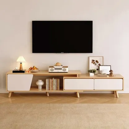Modern Wood Open Storage TV Stand with Legs Image - 6