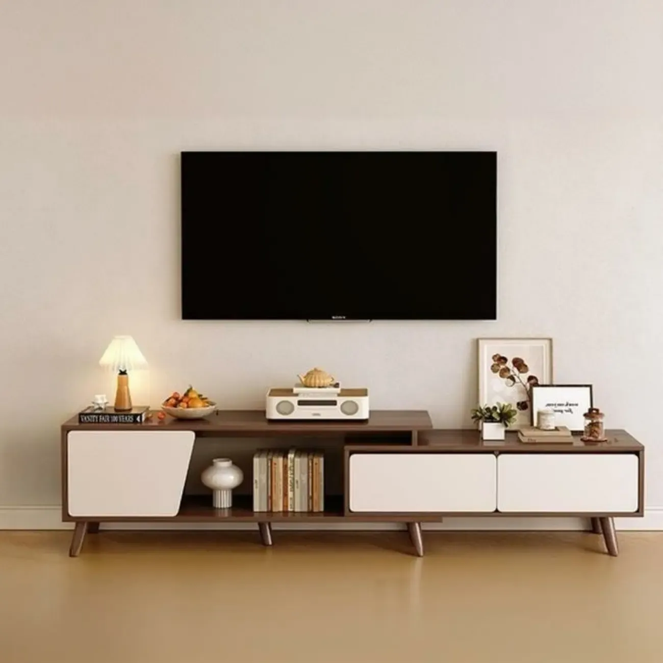 Modern Wood Open Storage TV Stand with Legs Image - 7