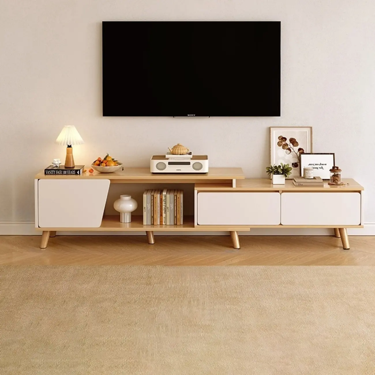 Modern Wood Open Storage TV Stand with Legs Image - 11 | homeyfad