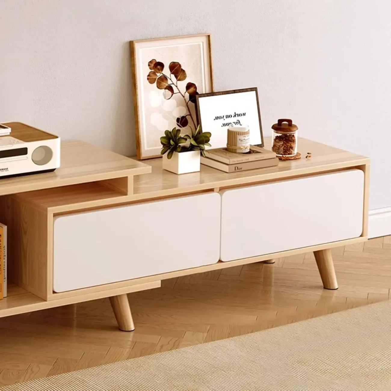 Modern Wood Open Storage TV Stand with Legs Image - 14