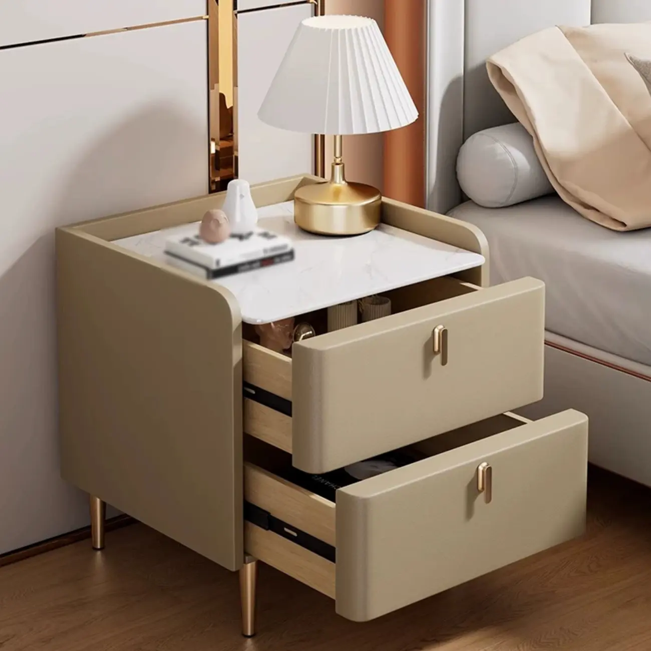 Modern Wooden Leather Soft-Edge 2-Drawer Nightstand Image - 5 | homeyfad