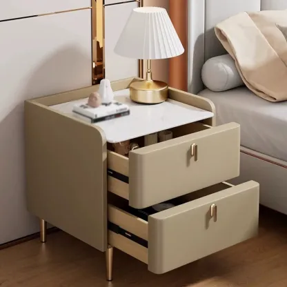Modern Wooden Leather Soft-Edge 2-Drawer Nightstand Image - 5