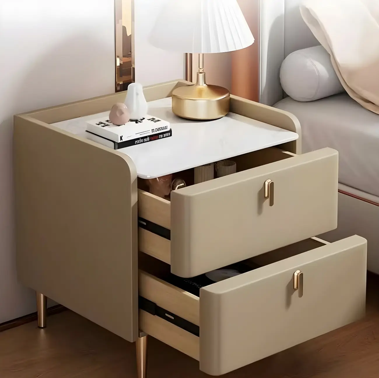 Modern Wooden Leather Soft-Edge 2-Drawer Nightstand Image - 12 | homeyfad