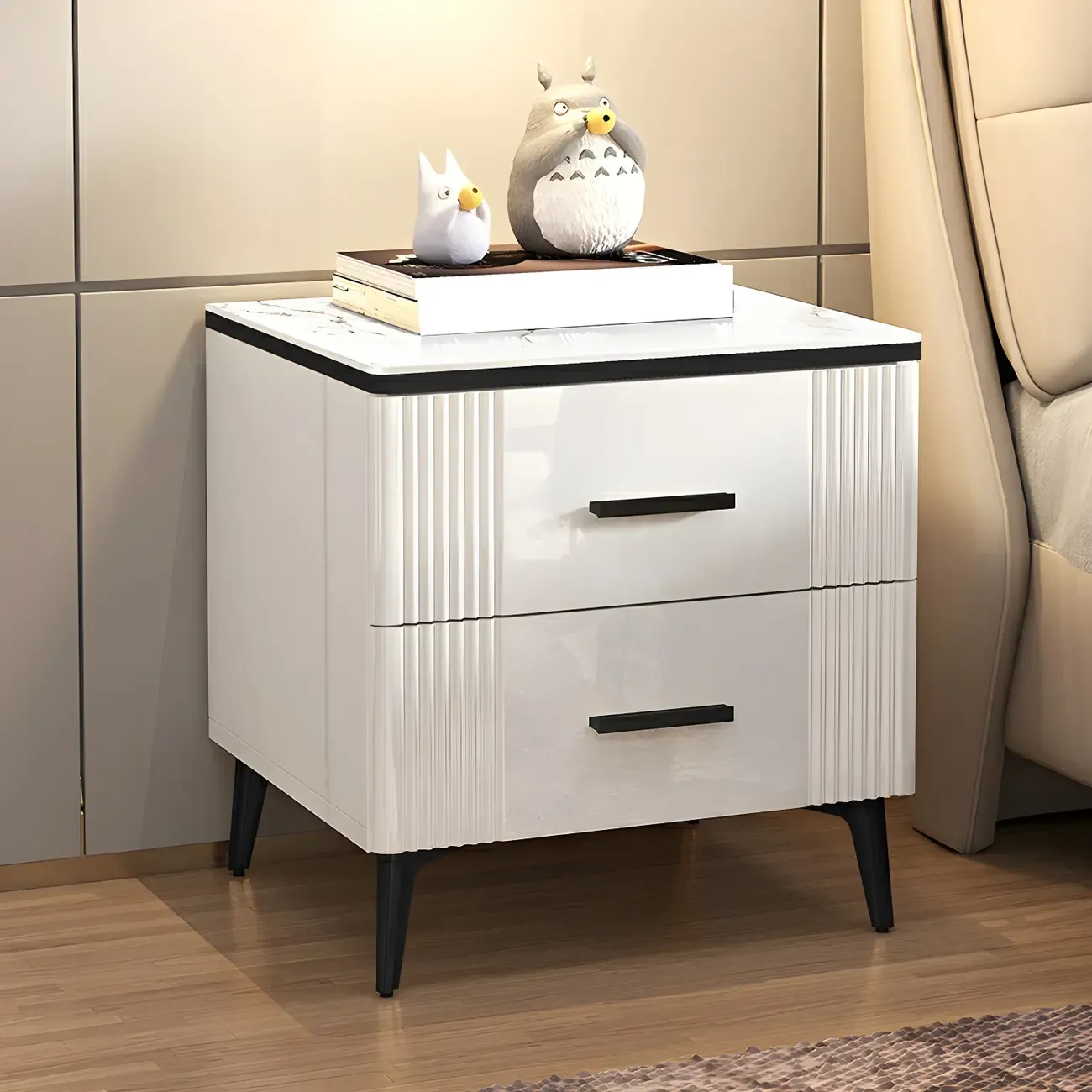 Sleek Highlight Wood Stone Top 2-Drawer Nightstand Image - 2